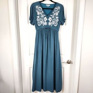 Fehrnvi Women's Embroidered Teal Maxi Dress Sz Small S